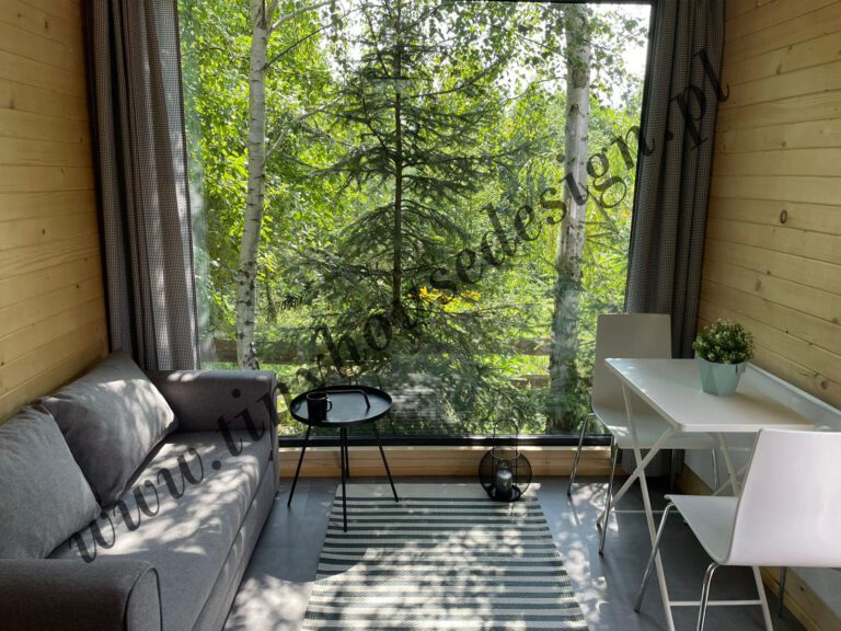 Salon w domku Tiny House Design: sofa, stolik z krzesłami i duże okno szczytowe, w tle las