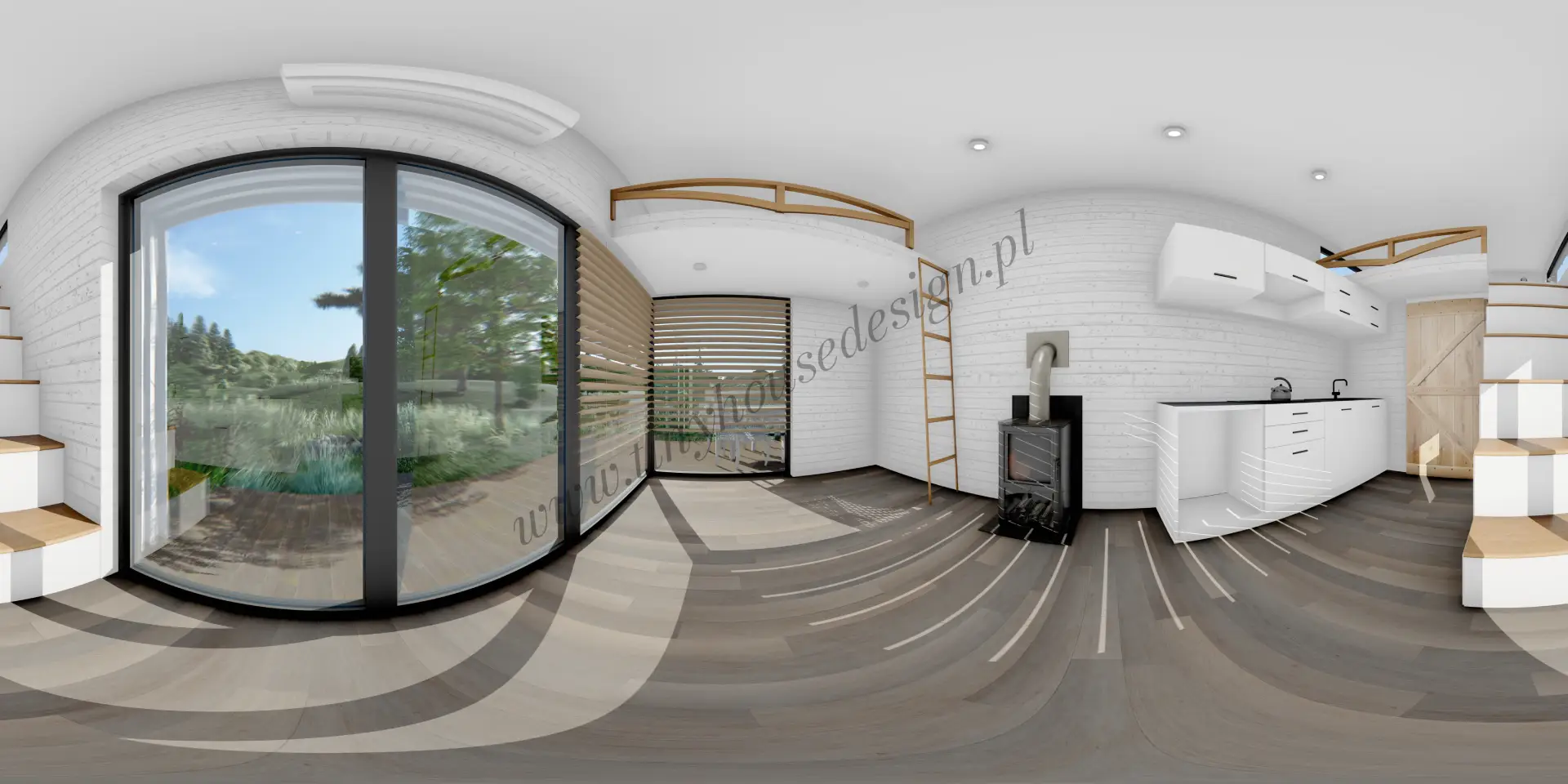 Panorama wnętrza domku mobilnego Igor - Tiny House Design